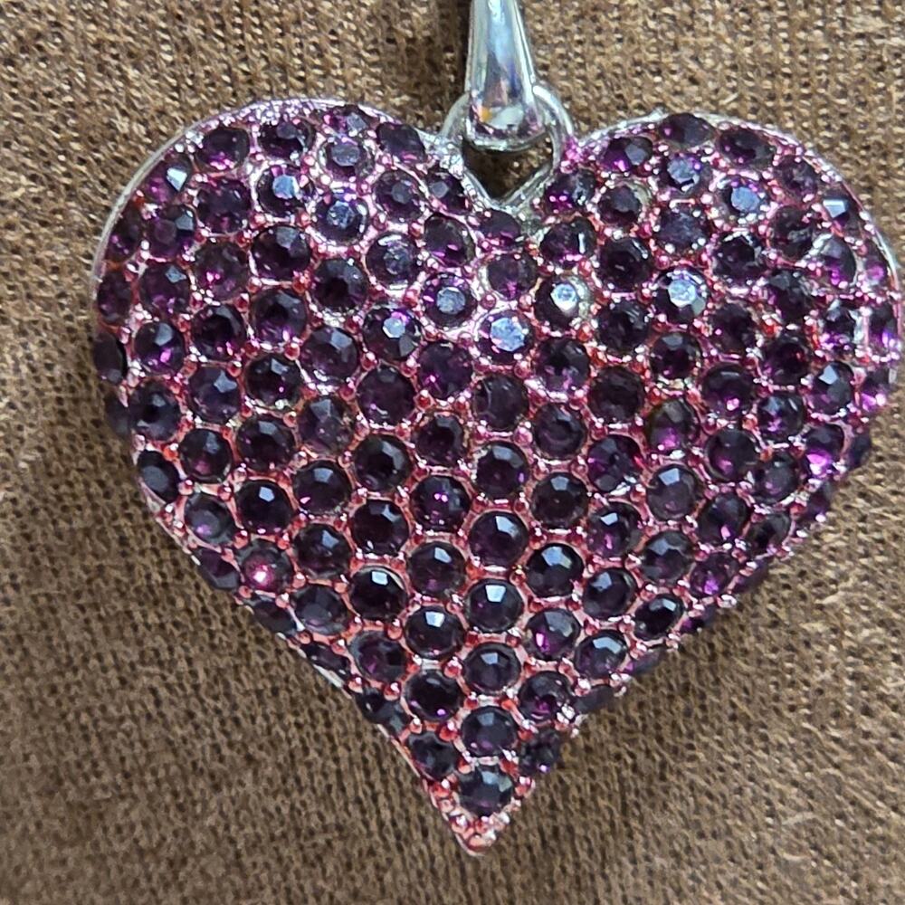 Purple Rhinestone Heart Pendant Necklace Silver Tone Sparkly Statement Jewelry